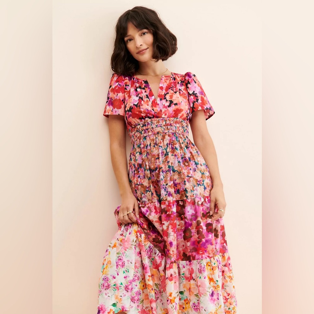 Kachel by Anthropologie Mixed Floral Print Midi Sundress Vibrant smoked waist S